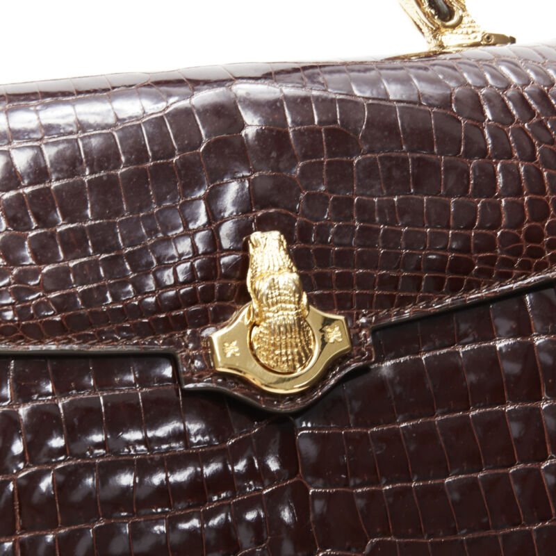 KWANPEN brown polished gold scaled leather hardware crossbody satchel bag