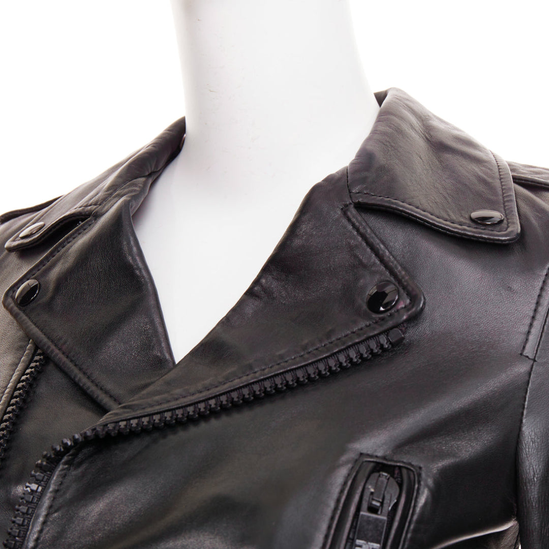 SAINT LAURENT 2015 black lambskin leather crop asymmetric biker jacket FR34 XS