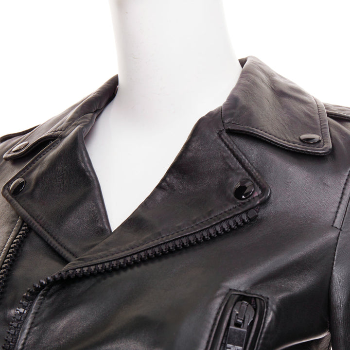 SAINT LAURENT 2015 black lambskin leather crop asymmetric biker jacket FR34 XS