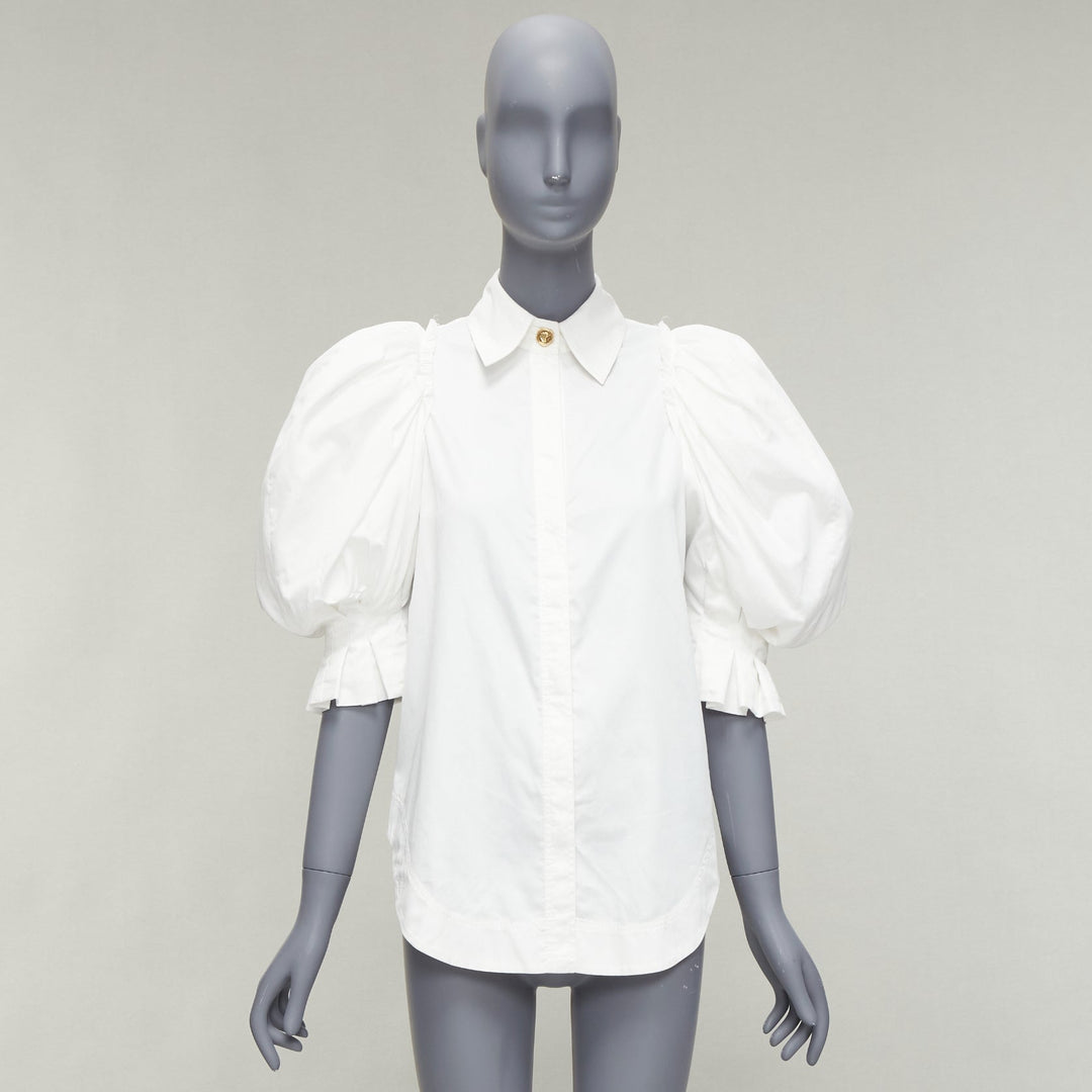 AJE white cotton puff shoulder gold button rounded hem shirt AU6 XS