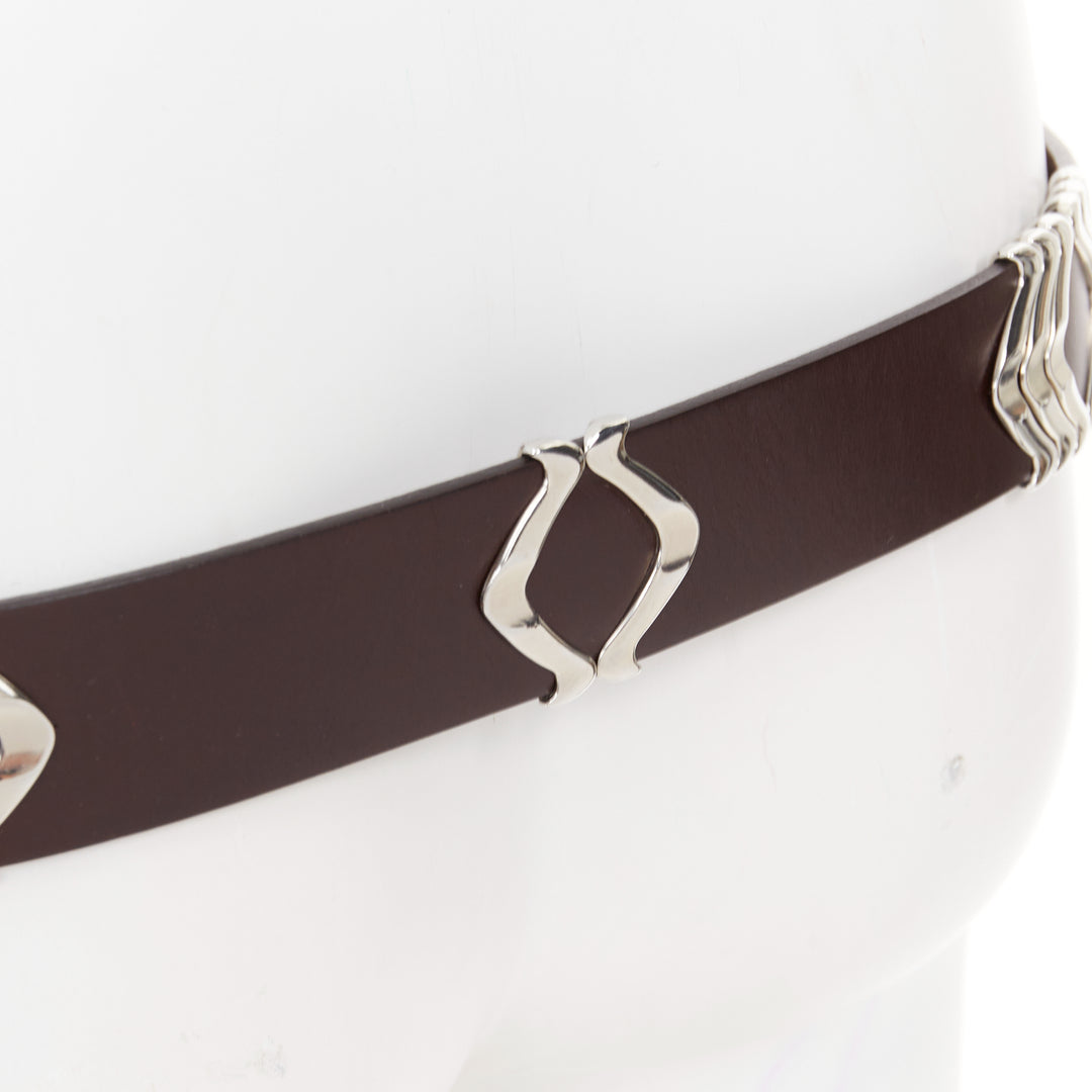 ISABEL MARANT 2021 Tehora dark brown calfskin leather silver chevron belt 85cm