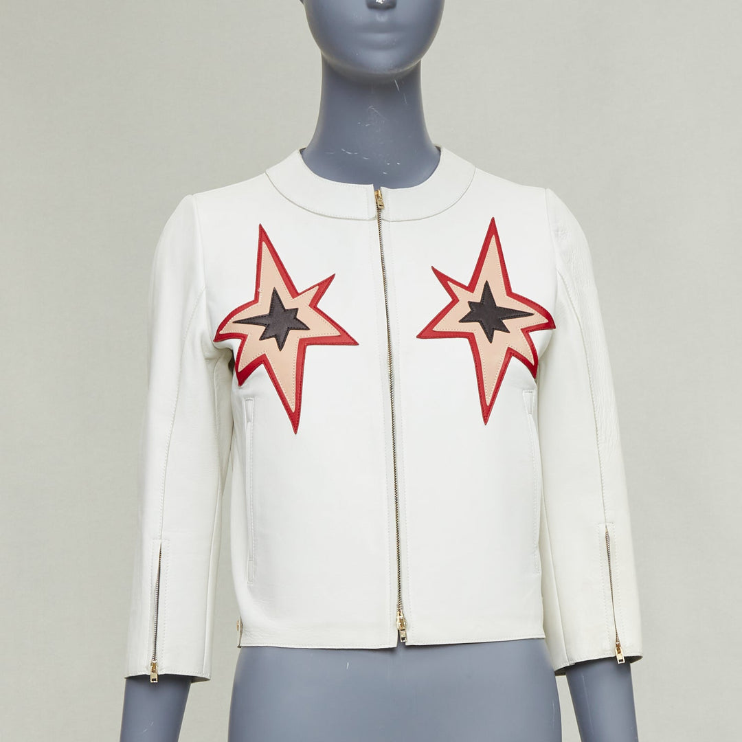 MIU MIU 2011 white lambskin leather red star patchwork crop moto jacket IT40 S