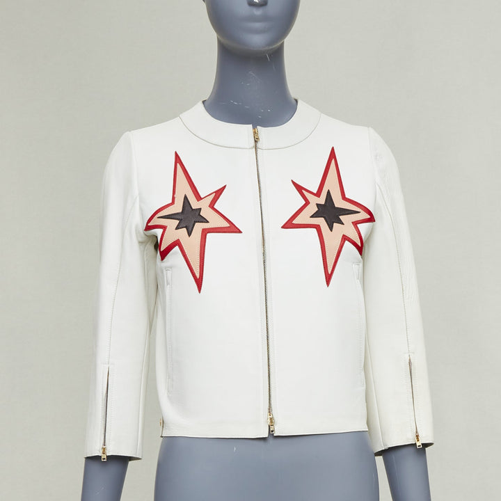 MIU MIU 2011 white lambskin leather red star patchwork crop moto jacket IT40 S