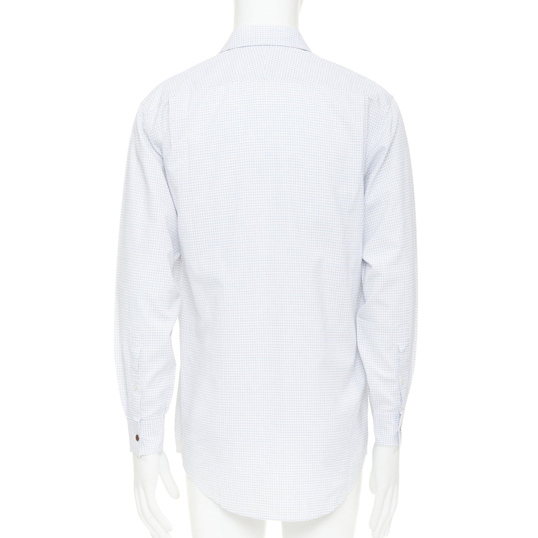HERMES white blue small checked cotton collared shirt EU39 M