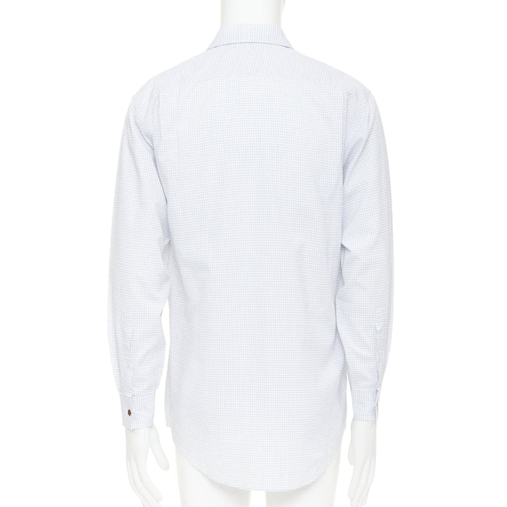 HERMES white blue small checked cotton collared shirt EU39 M
