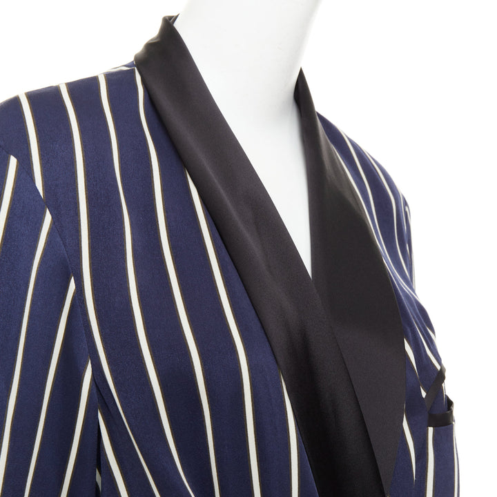 RAEY navy white stripe silk trim belted kimono smoking pajama tux jacket UK8 S