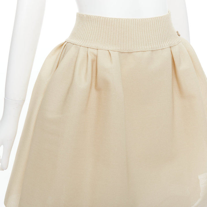 CHANEL light beige gold CC logo button flared skater skirt FR40 L