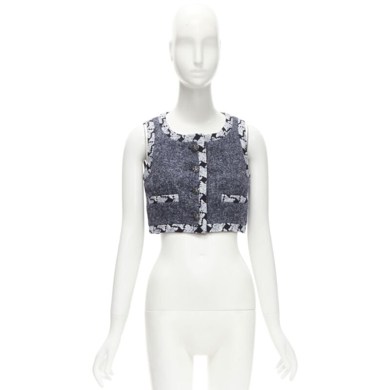 CHANEL wool cashmere blue tweed embroidery trim gripoix button cropped vest FR34