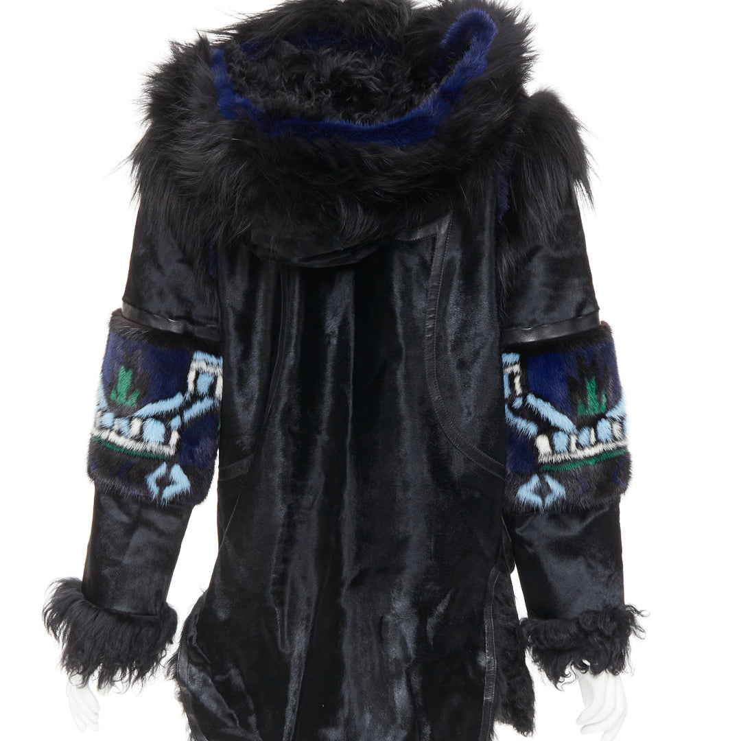 EMILIO PUCCI Vintage ethnic black calf mixed shearling raccoon fur coat IT40 S