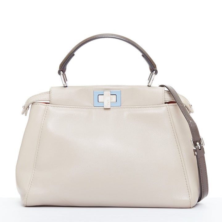 FENDI Peekaboo beige smooth leather blue steel details turnlock crossbody bag