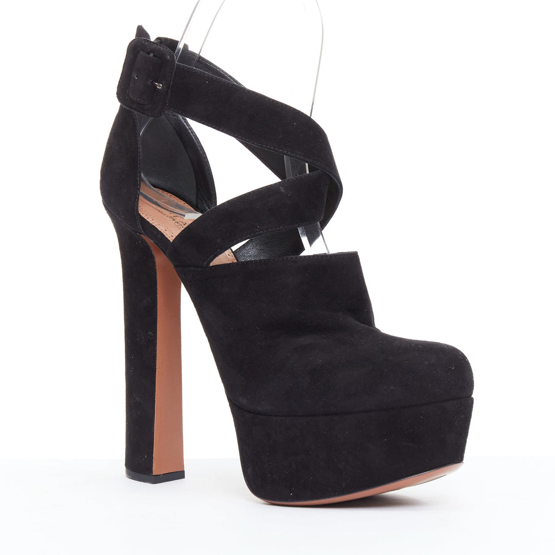 ALAIA black suede wrap strap sky high block platform heels EU38