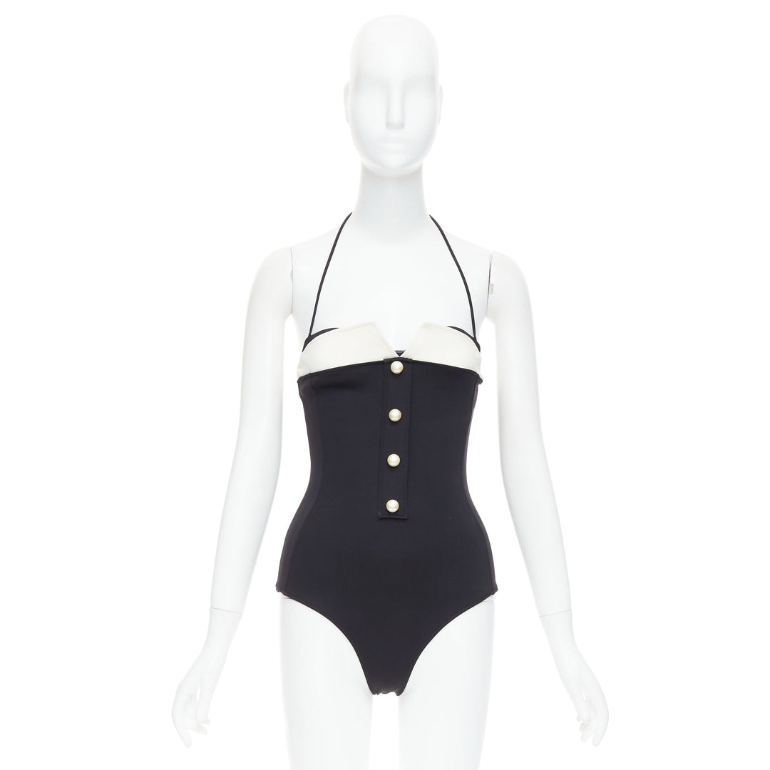 CHANEL white logo faux pearl black white collared halter one pc swimsuit FR34 XS