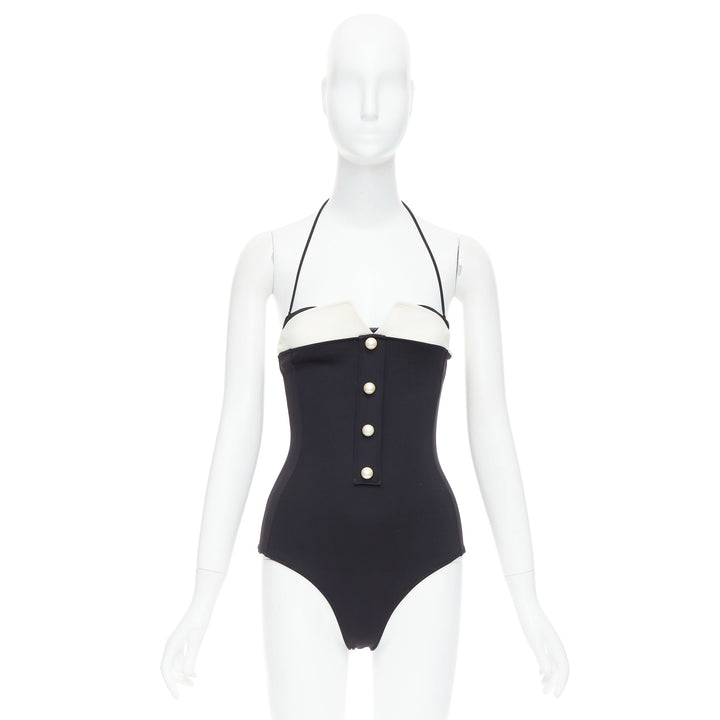 CHANEL white logo faux pearl black white collared halter one pc swimsuit FR34 XS