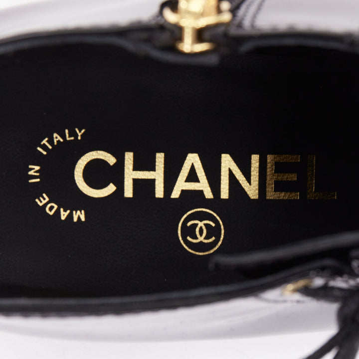 CHANEL 15A Paris-Salzburg Runway black patent gold CC lace-up ankle booties EU39