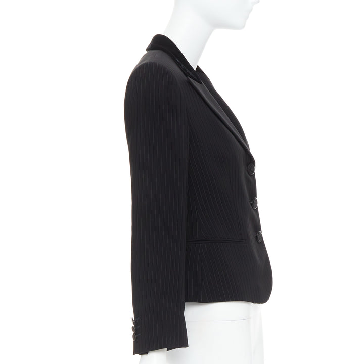 GIORGIO ARMANI black pinstripe velvet trim cropped tuxedo blazer IT40 S