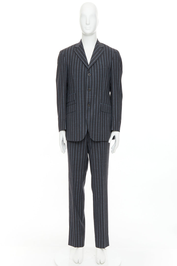 ETRO grey blue pinstripe 100% wool single breasted blazer jacket IT50 L