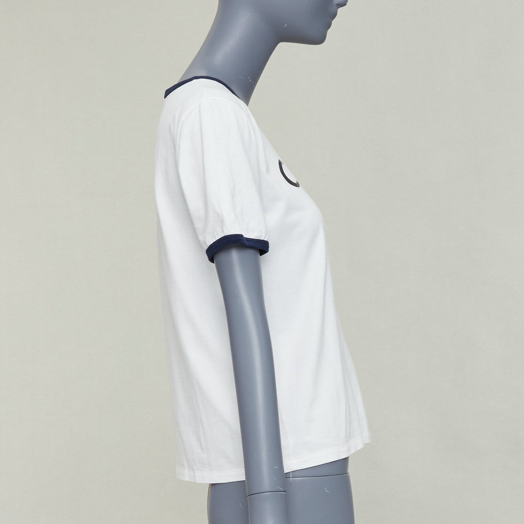 CELINE Triomphe cream navy cotton logo print crew neck ringer tshirt M