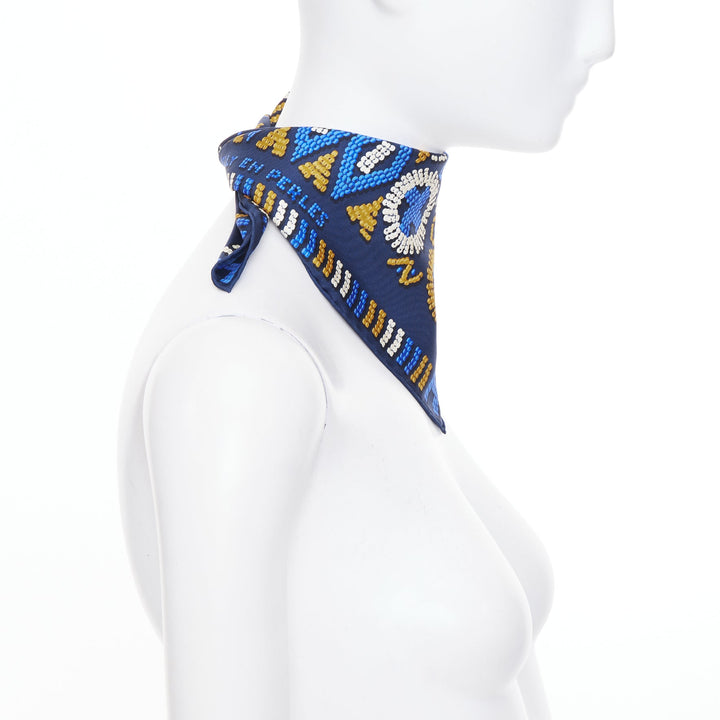 HERMES Gavroche 45 Kelly en Perles bead print navy blue silk twill scarf