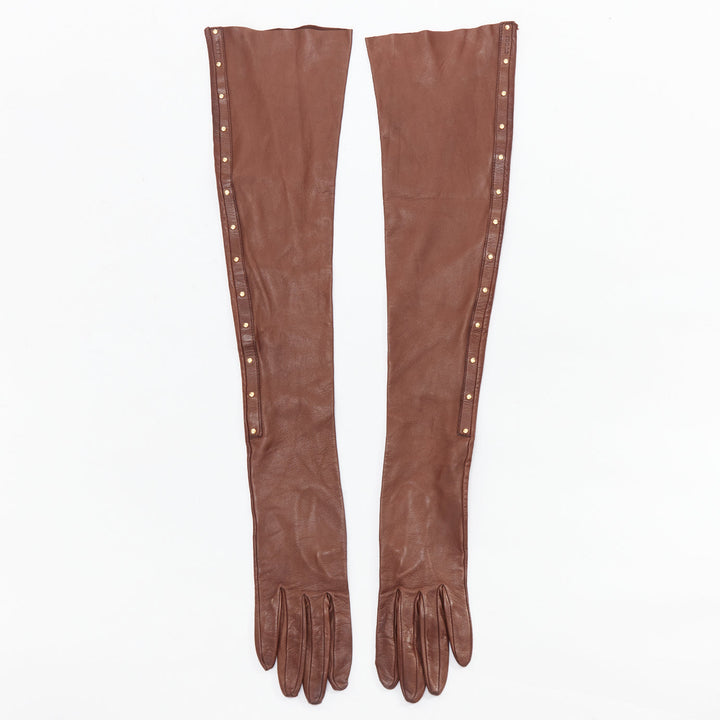 rare GUCCI Tom Ford Runway Vintage brown gold studs leather opera gloves Sz7.5