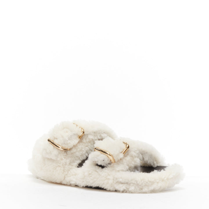 MARNI white shearling gold buckles double strap black lined flat sandals EU38
