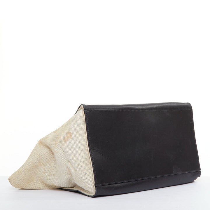 CELINE Trapeze black smooth leather cream canvas crossbody satchel bag