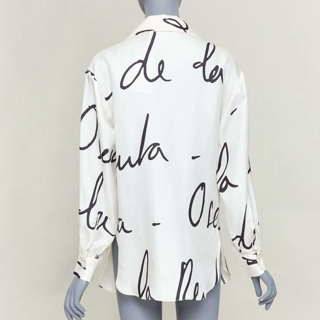OSCAR DE LA RENTA C21 Runway black cursive script print white silk shirt top XS