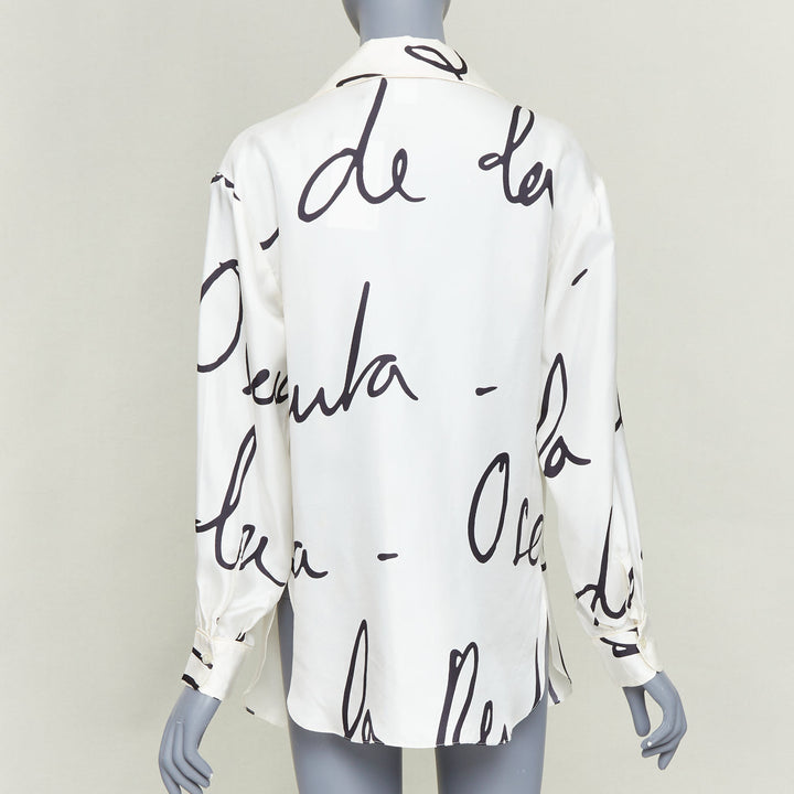 OSCAR DE LA RENTA C21 Runway black cursive script print white silk shirt top XS