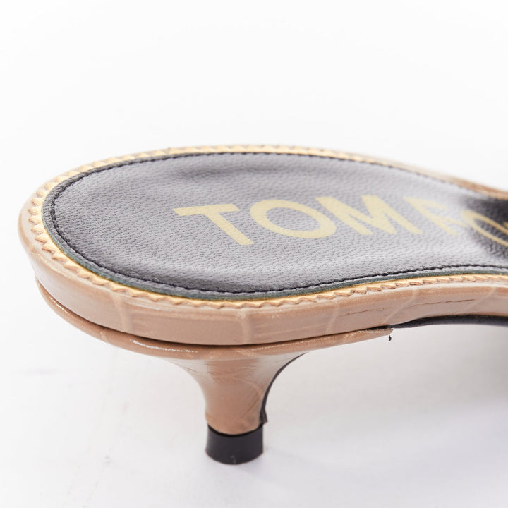 TOM FORD taupe croc embossed calfskin gold TF logo kitten heel sandal EU36