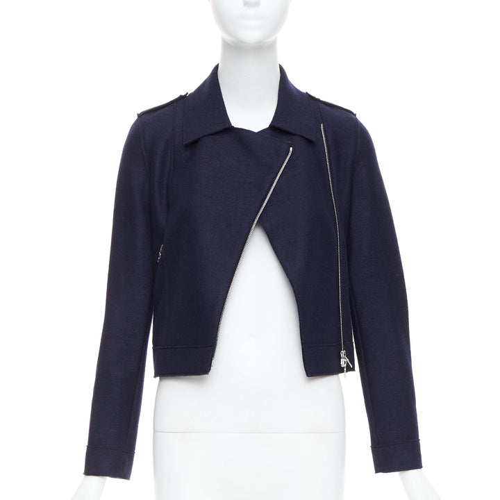 HARRIS WHARF LONDON navy virgin wool cropped biker jacket IT38 XS