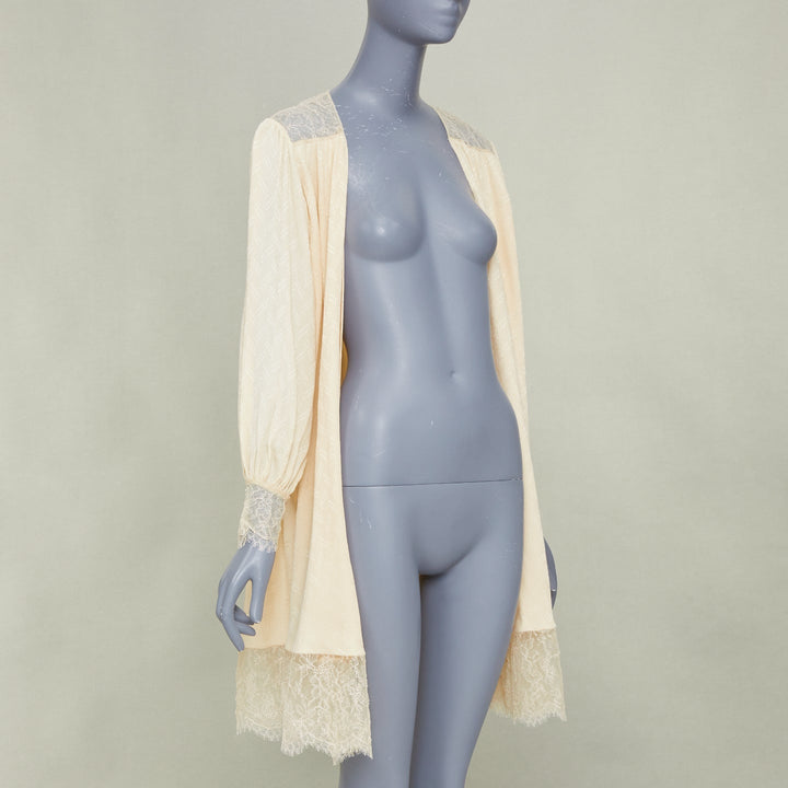 CHANEL ivory sheer silk georgette floral lace trim beach duster robe FR38 M