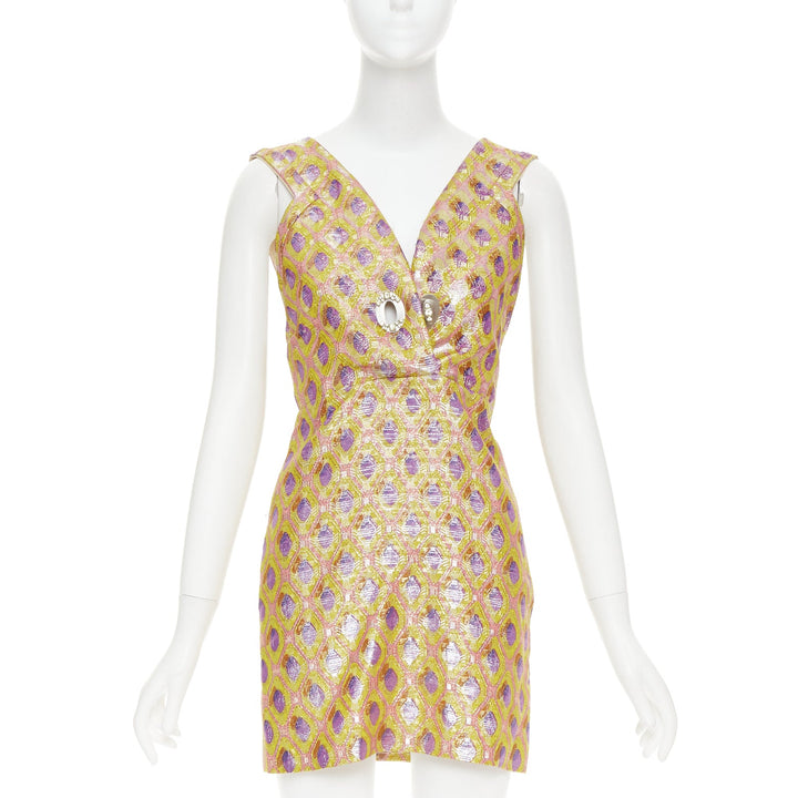 MIU MIU 2009 yellow purple silk wool abstract jacquard turnlock dress IT36 XXS