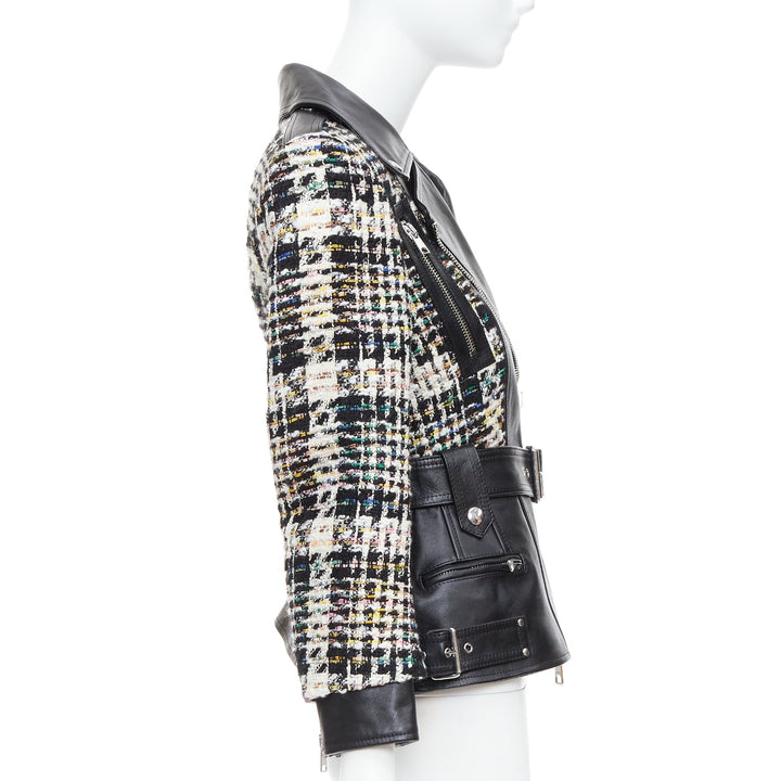 ALEXANDER MCQUEEN 2023 Hybrid punk black leather tweed biker jacket IT36 XXS