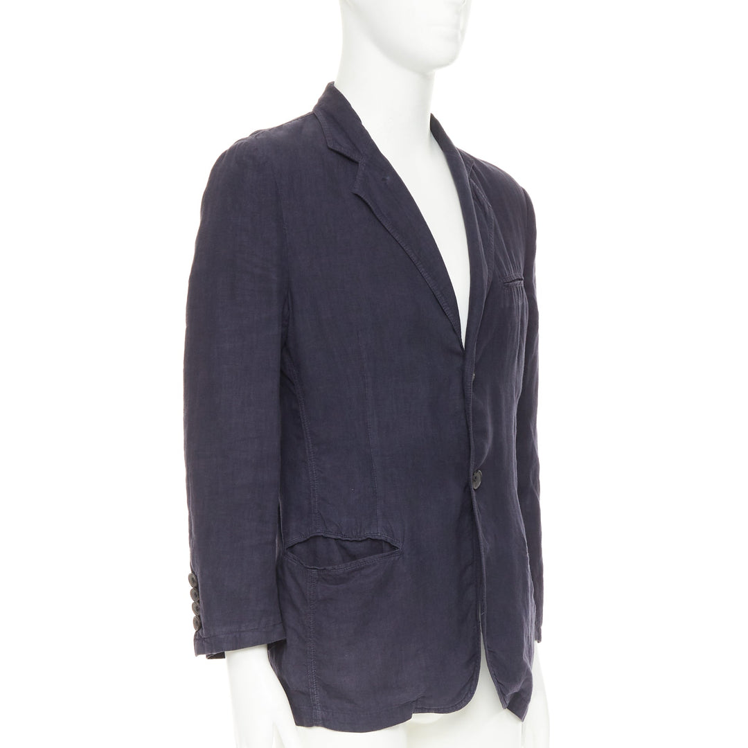 GIORGIO ARMANI navy washed linen cotton  unstructured casual blazer IT46 S