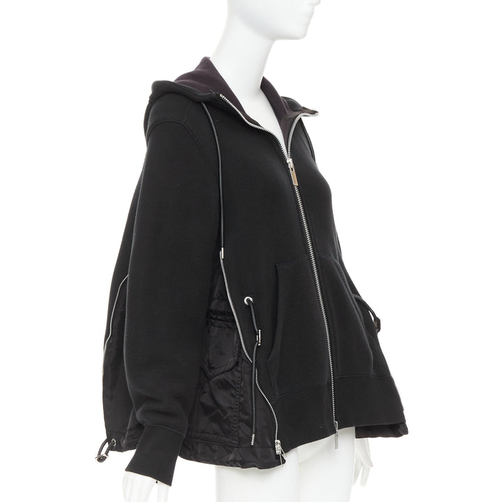 SACAI 2019 black cotton blend nylon side zip deconstructed hybrid hoodie JP2 M