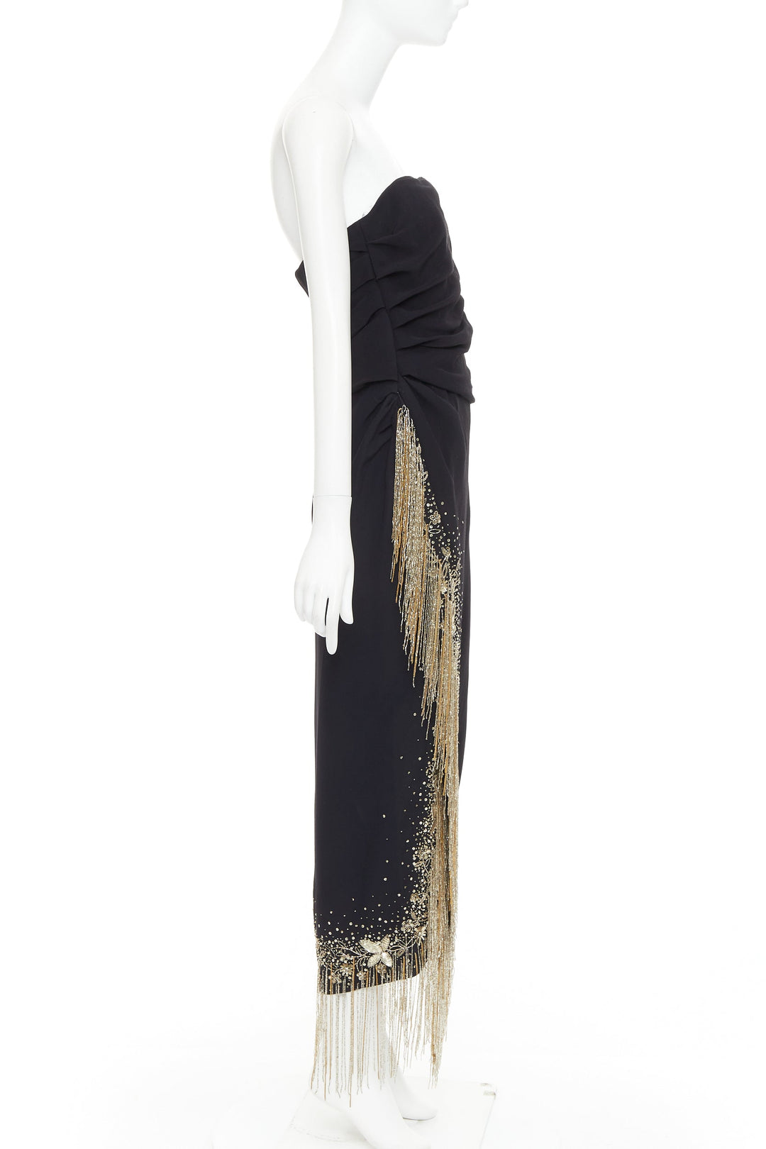 OSCAR DE LA RENTA 2019 Runway black gold sequin fringe strapless dress US8 L