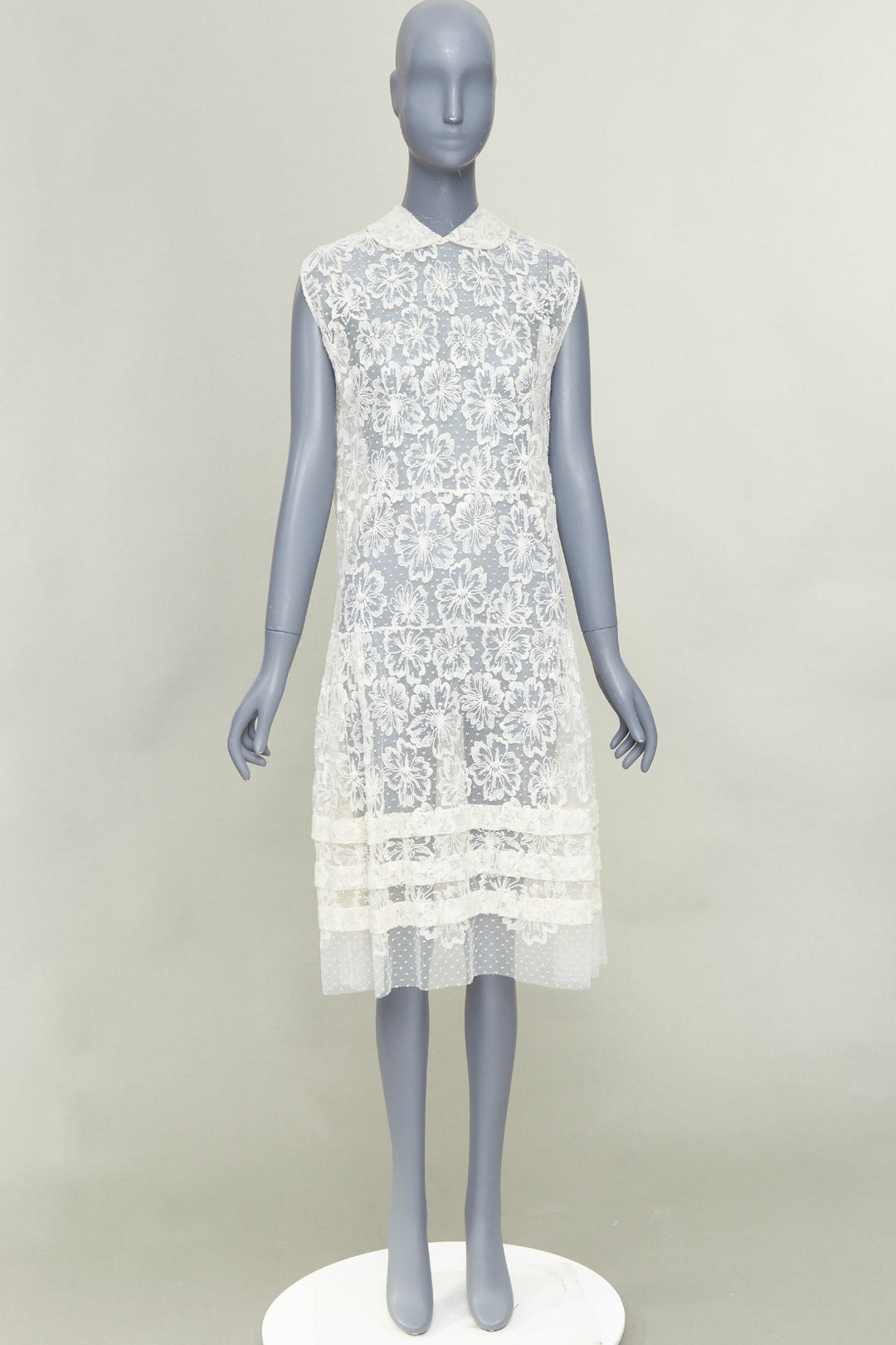MIU MIU Vintage cream white floral lace polka dot mesh sheer midi dress IT40 S