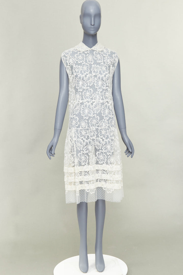 MIU MIU Vintage cream white floral lace polka dot mesh sheer midi dress IT40 S