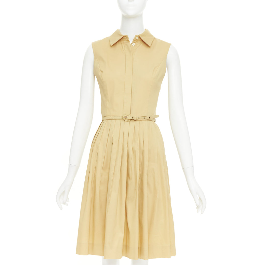 OSCAR DE LA RENTA S14 tan cotton blend sleeveless pleated shirt dress US2 S
