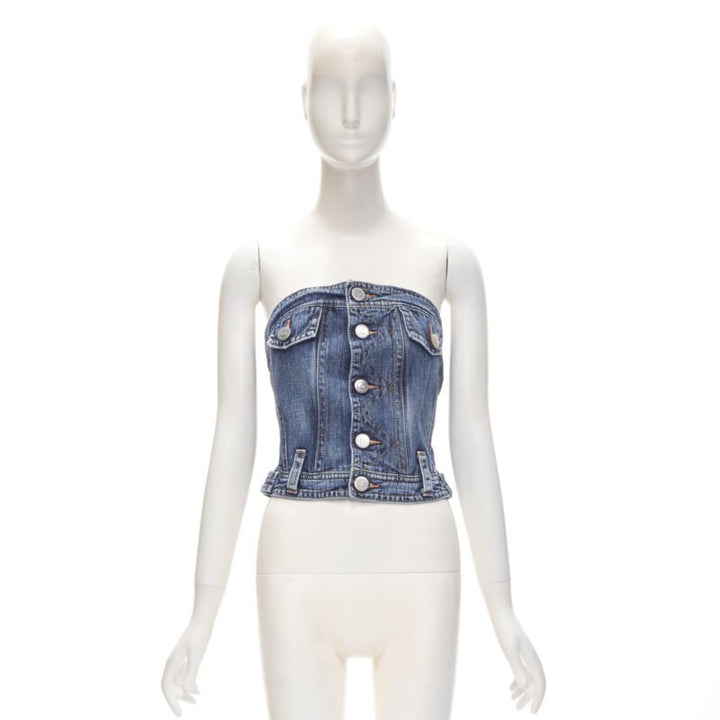 DSQUARED2 Vintage Y2K blue washed denim boned corset bustier top IT38 Xs