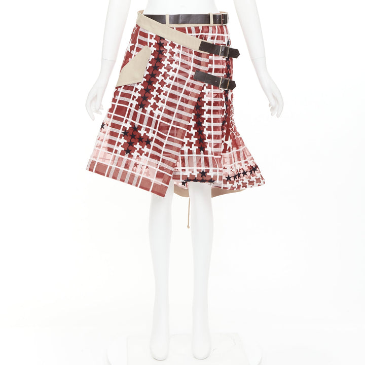 SACAI 2017 red white houndstooth star check sheer leather buckle wrap skirt JP2
