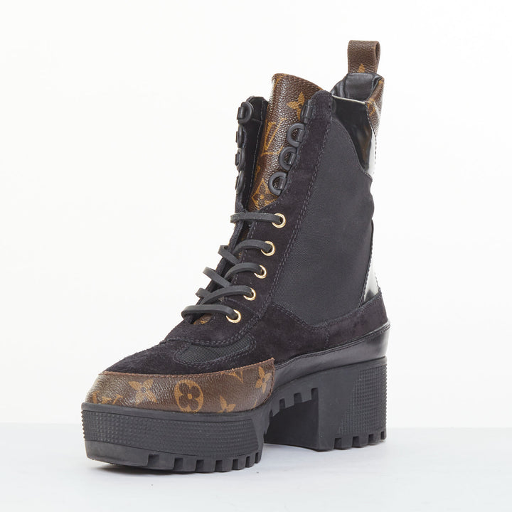 LOUIS VUITTON Laureate platform monogram black suede desert combat boot EU39 US9
