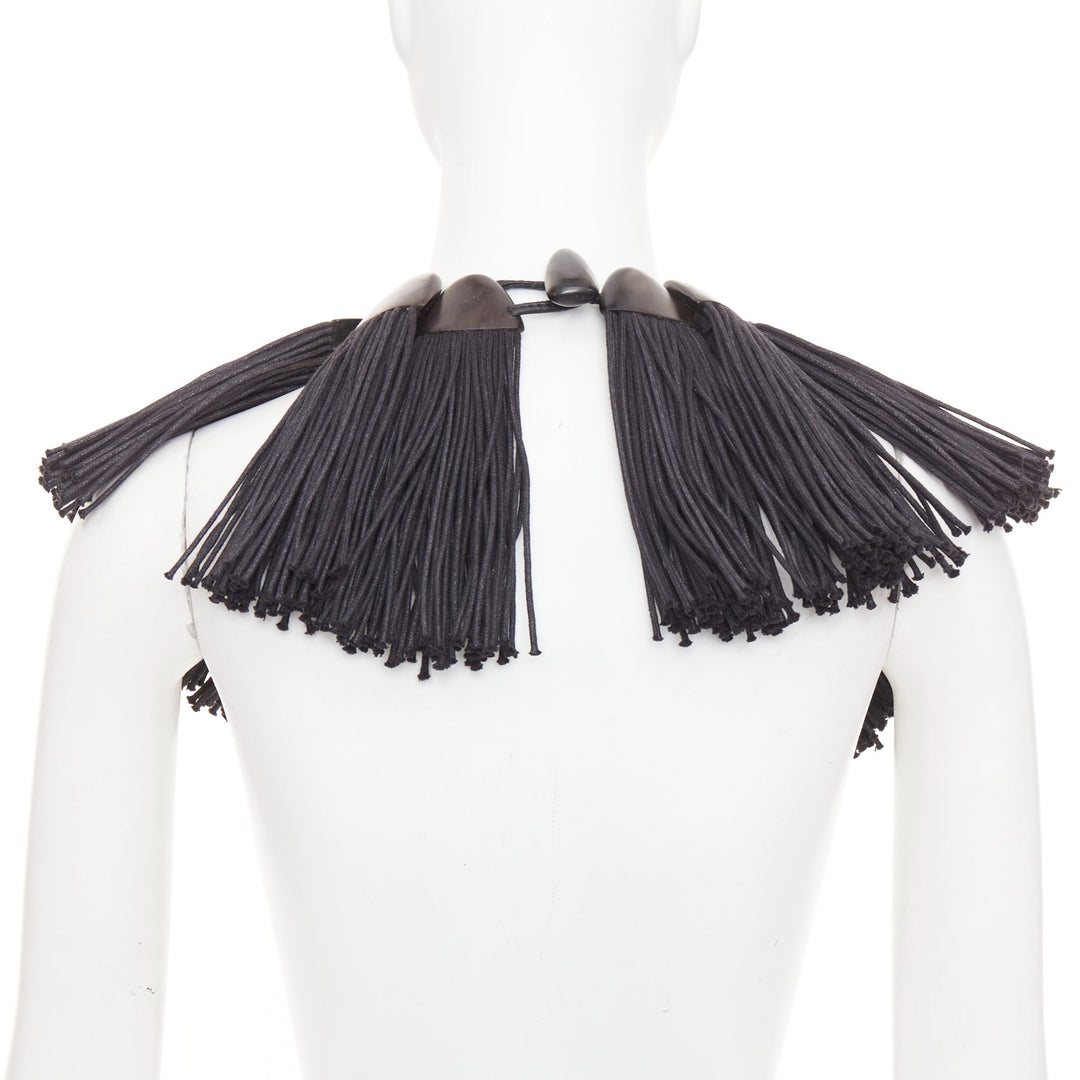 MONIES hand carved ebony wood panel fabric fringe radial statement bib necklace