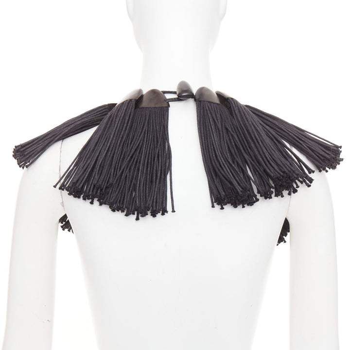 MONIES hand carved ebony wood panel fabric fringe radial statement bib necklace