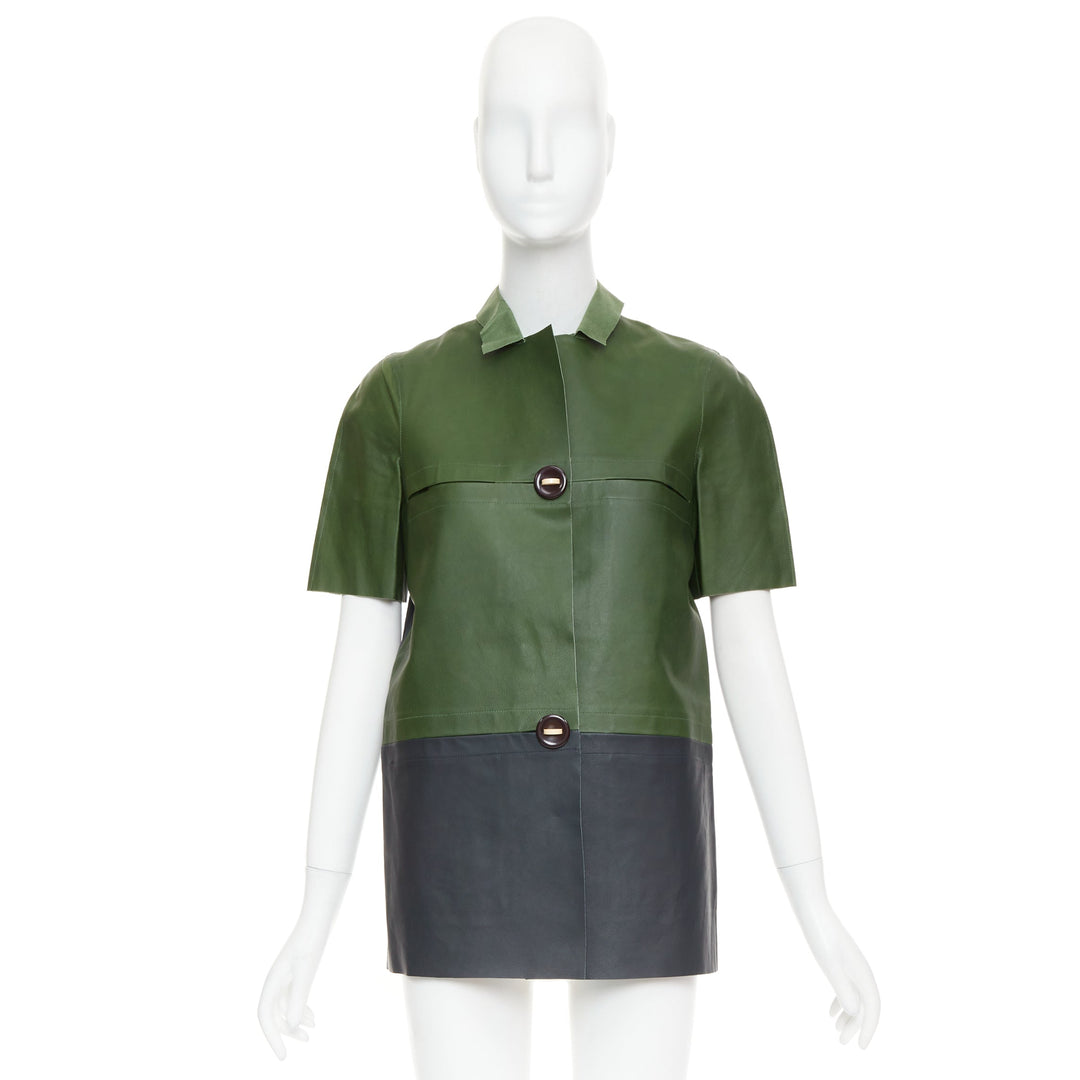 MARNI 2012 green navy calf leather geometric buttons round sleeve coat IT38 XS