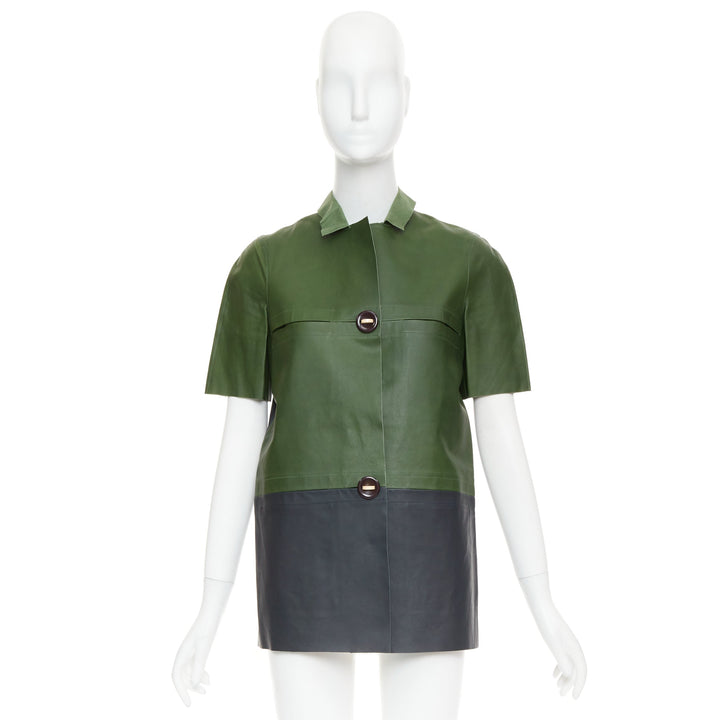 MARNI 2012 green navy calf leather geometric buttons round sleeve coat IT38 XS