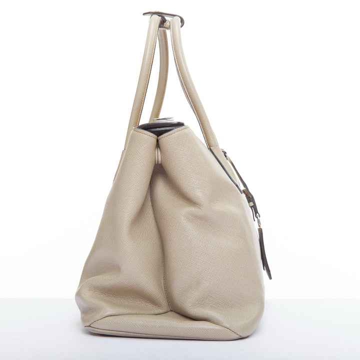 PRADA Twin beige saffiano leather trangle logo top handle tote bag