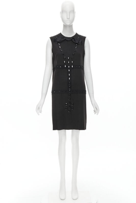 LANVIN 2004 Alber Elbaz brown wool black jewel embellished sheath dress FR38 S