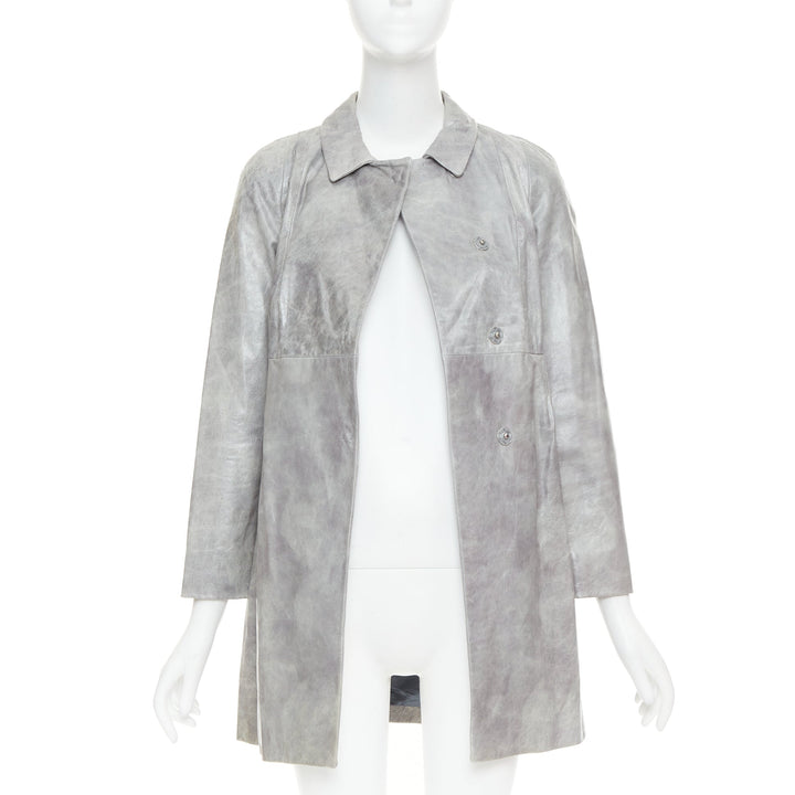MIU MIU 2007 grey crackled lambskin leather A-line long coat IT38 XS