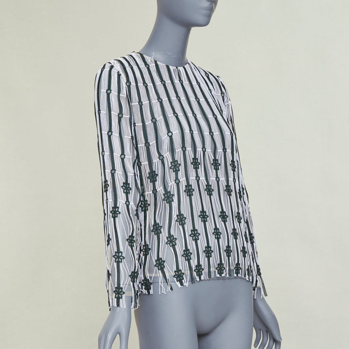DIOR 2016 black white striped floral embroidered lace fringe blouse top FR36 S