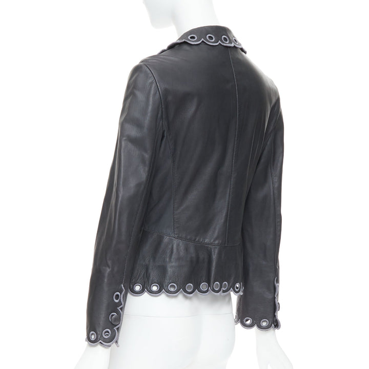 EMPORIO ARMANI 2009 black lambskin grey embroidered scalloped crop jacket IT40 S